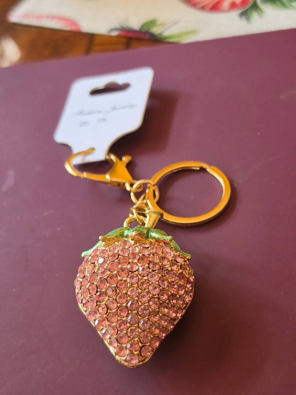 🍓Sparkly Pink Strawberry Key & Card Charm with Gold Hardware